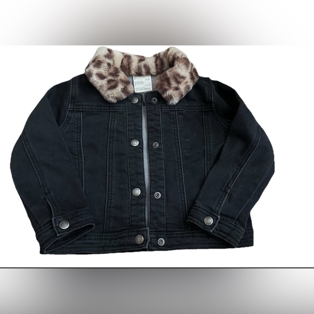 First Impressions Black Denim Jacket with Leopard Print Collar